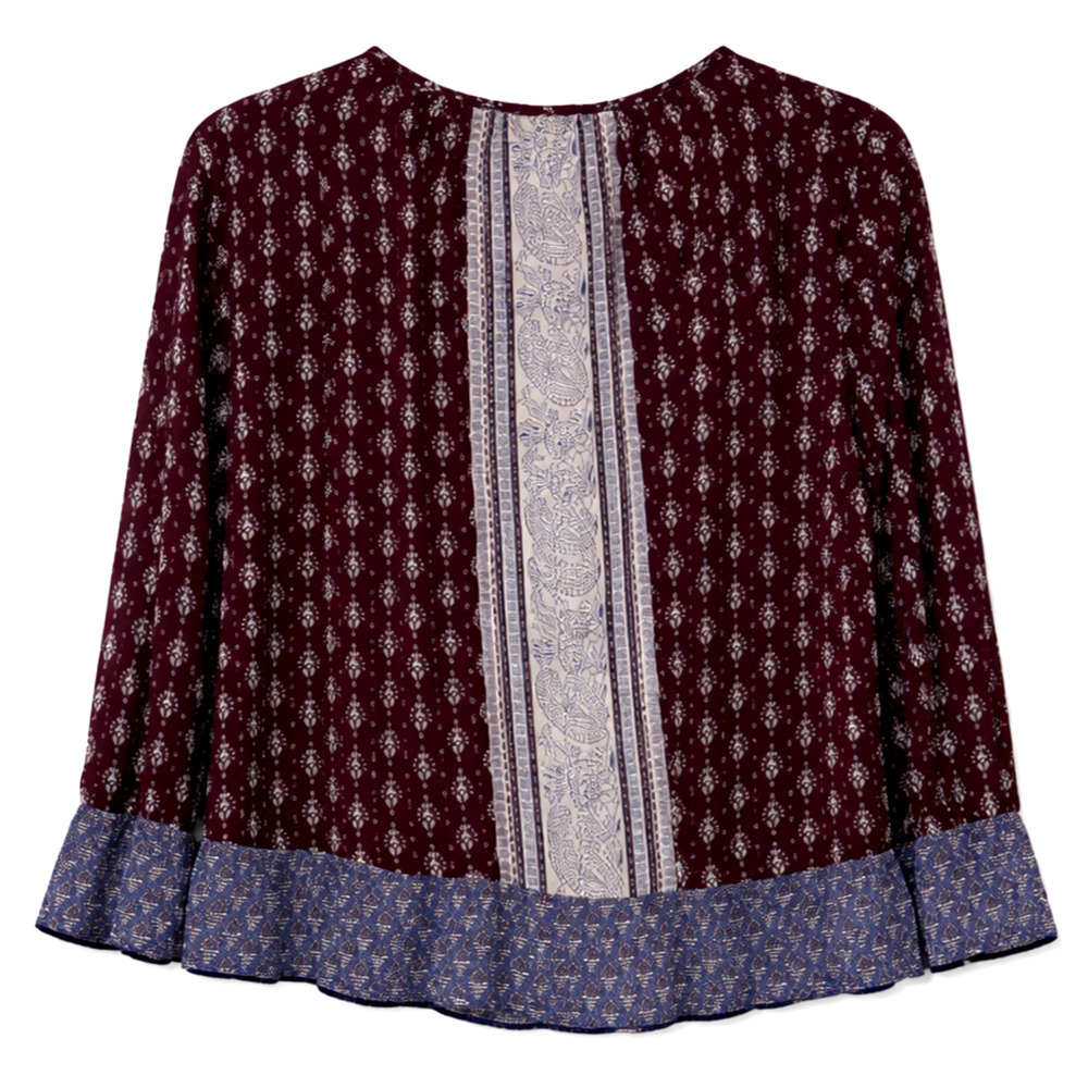 Lucky Brand Boho Blouse Small Burgundy Peasant Top Tie Neck Ruffle Hem Casual - Picture 3 of 9